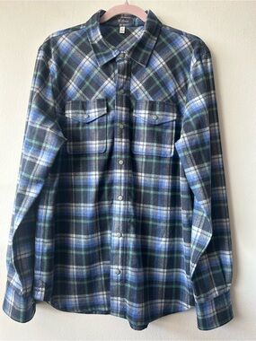 ibex Men’s Blue and Green Plaid Button-Down Wool blend Flannel Shirt